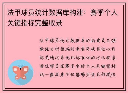 法甲球员统计数据库构建：赛季个人关键指标完整收录